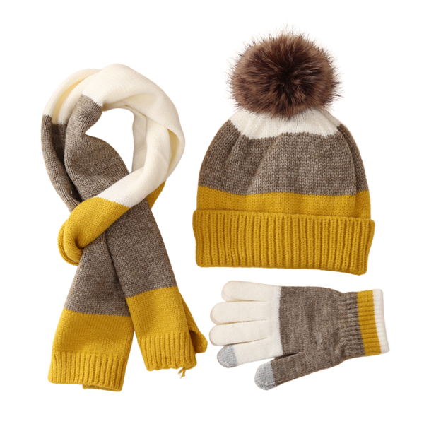 Winter 8-15 Years Teenagers Fleece Lined Faux Fur Pom Beanie Wide Striped Kids Scarf Hat Gloves Set - Image 2